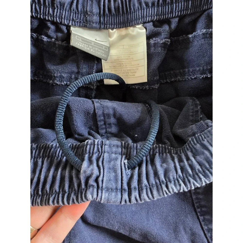 Vintage Nike Cargo Shorts Mens L Blue Raw Hem Elastic Waist Drawstring Y2K *Read